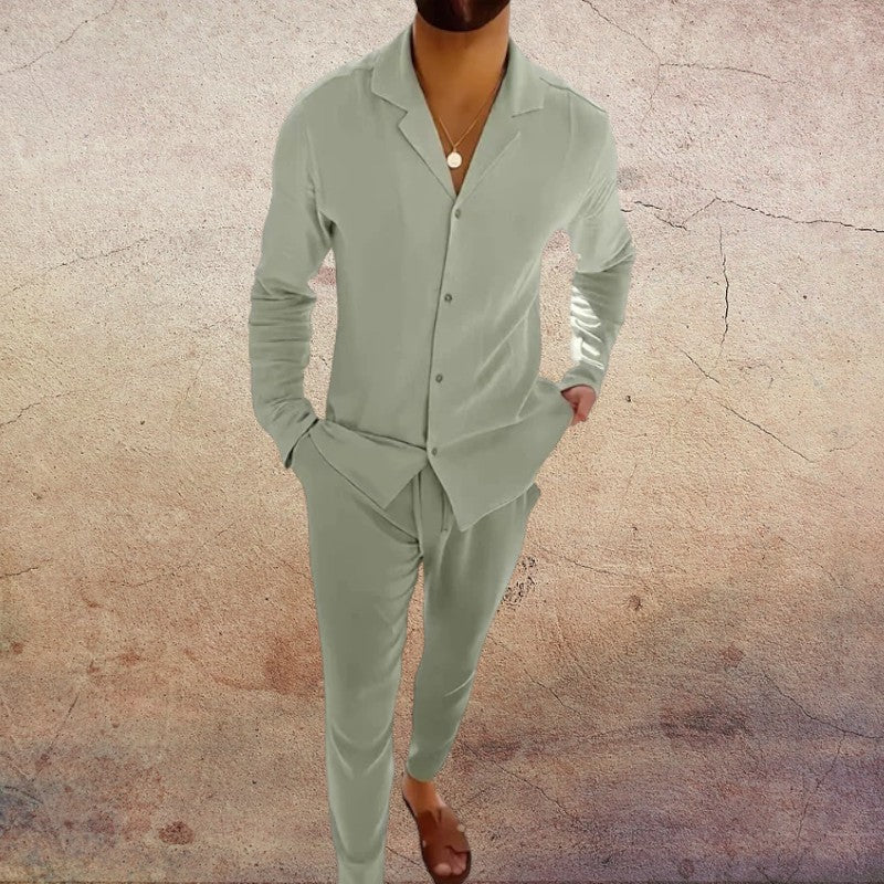 Men's Two-Piece Set with Long-Sleeve Shirt Collar V-Neck Top and Straight-Leg Trousers