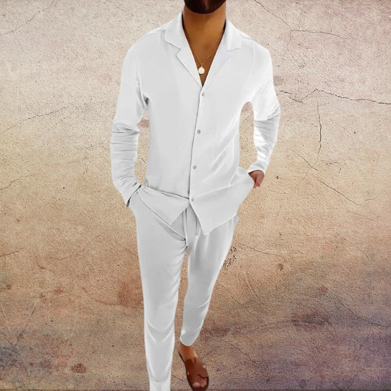 Men's Two-Piece Set with Long-Sleeve Shirt Collar V-Neck Top and Straight-Leg Trousers