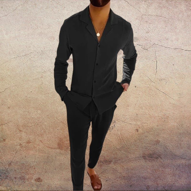 Men's Two-Piece Set with Long-Sleeve Shirt Collar V-Neck Top and Straight-Leg Trousers