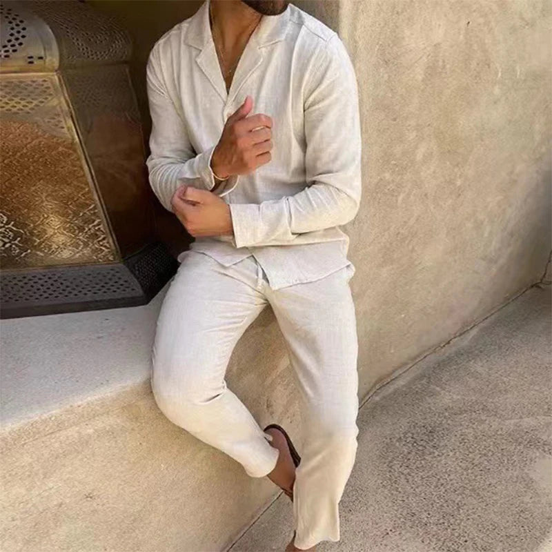 Men's Two-Piece Set with Long-Sleeve Shirt Collar V-Neck Top and Straight-Leg Trousers