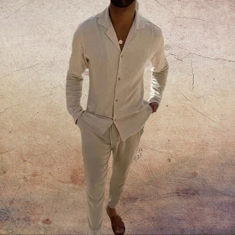 Men's Two-Piece Set with Long-Sleeve Shirt Collar V-Neck Top and Straight-Leg Trousers