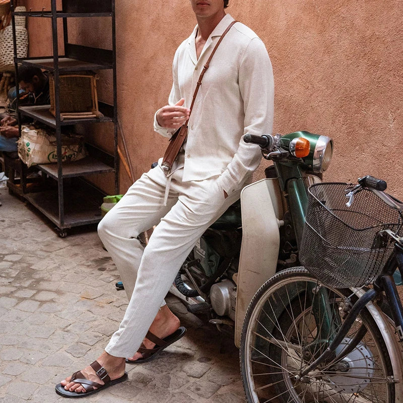 Men's Two-Piece Set with Long-Sleeve Shirt Collar V-Neck Top and Straight-Leg Trousers