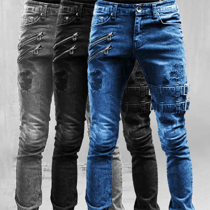 Men's Vintage Buckle Detail Denim Jeans