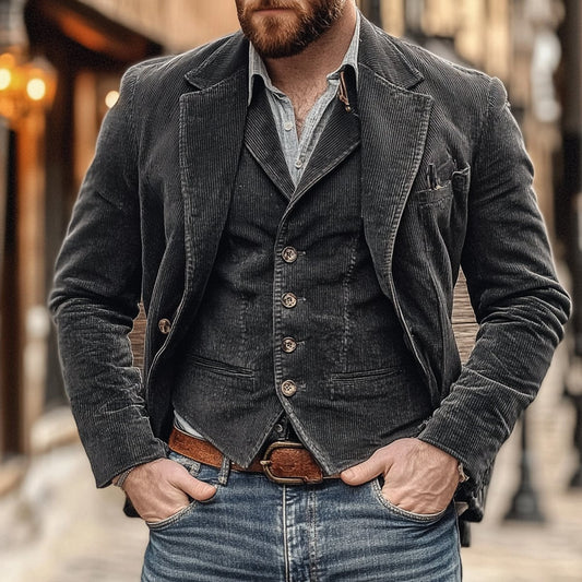 Men's Vintage Corduroy Blazer and Button-Front Vest Set