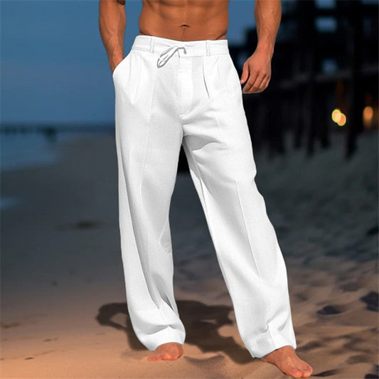 Men's Wide-Leg Pleated Trousers with Drawstring - Relaxed Fit