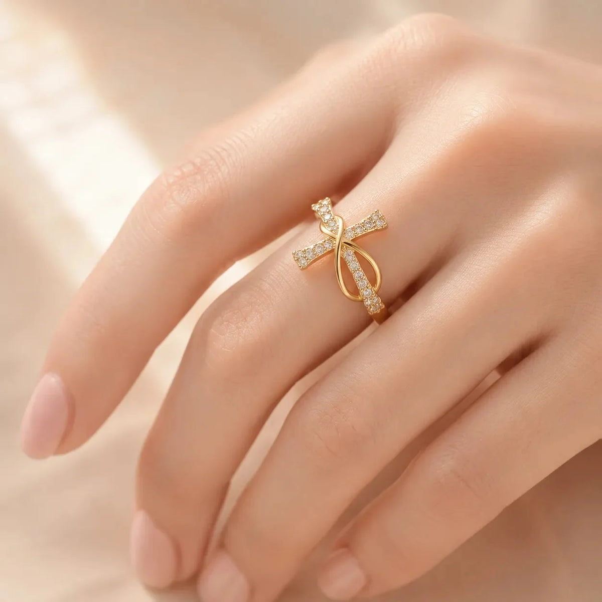 Mobius Cross Ring with Pavé Stones, Gold or Silver