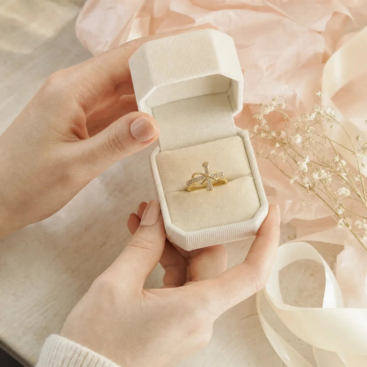 Mobius Cross Ring with Pavé Stones, Gold or Silver