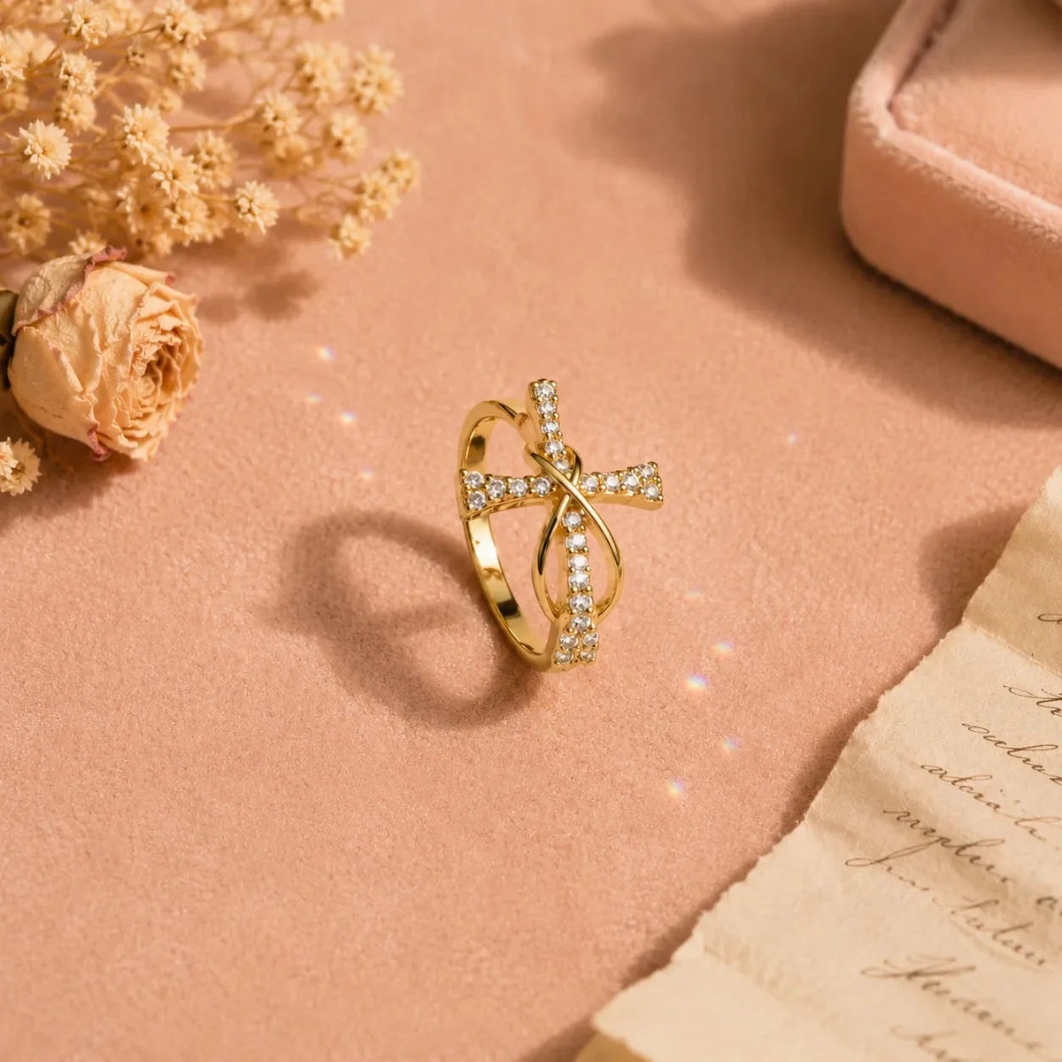 Mobius Cross Ring with Pavé Stones, Gold or Silver