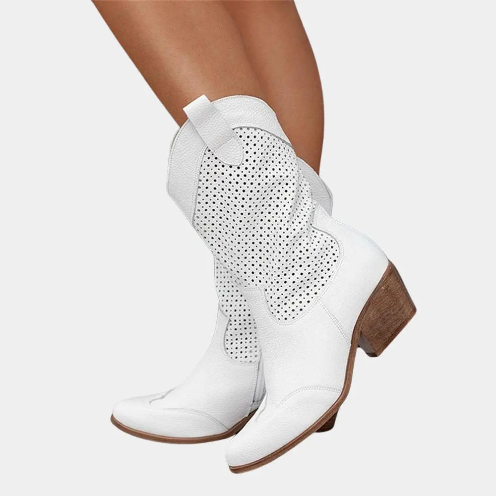 Orthopedic Perforated Western-Style Block Heel Cowboy Boots