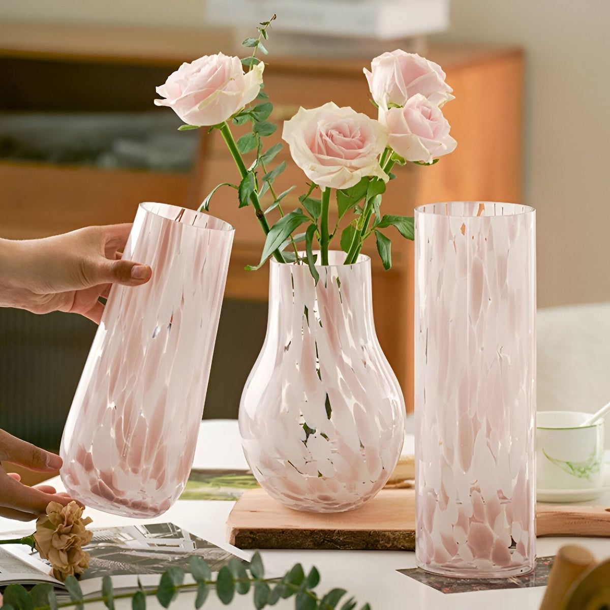 Pink Marble Effect Glass Vase - American Style Hydroponic Decoration