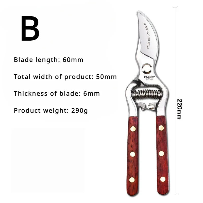 Pruning Shears with Wooden Handle - 20 cm - Forged Carbon Steel - For Branches & Fruit Trees
