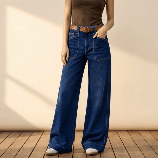 Retro Patch Pocket Wide Leg Jeans for Women