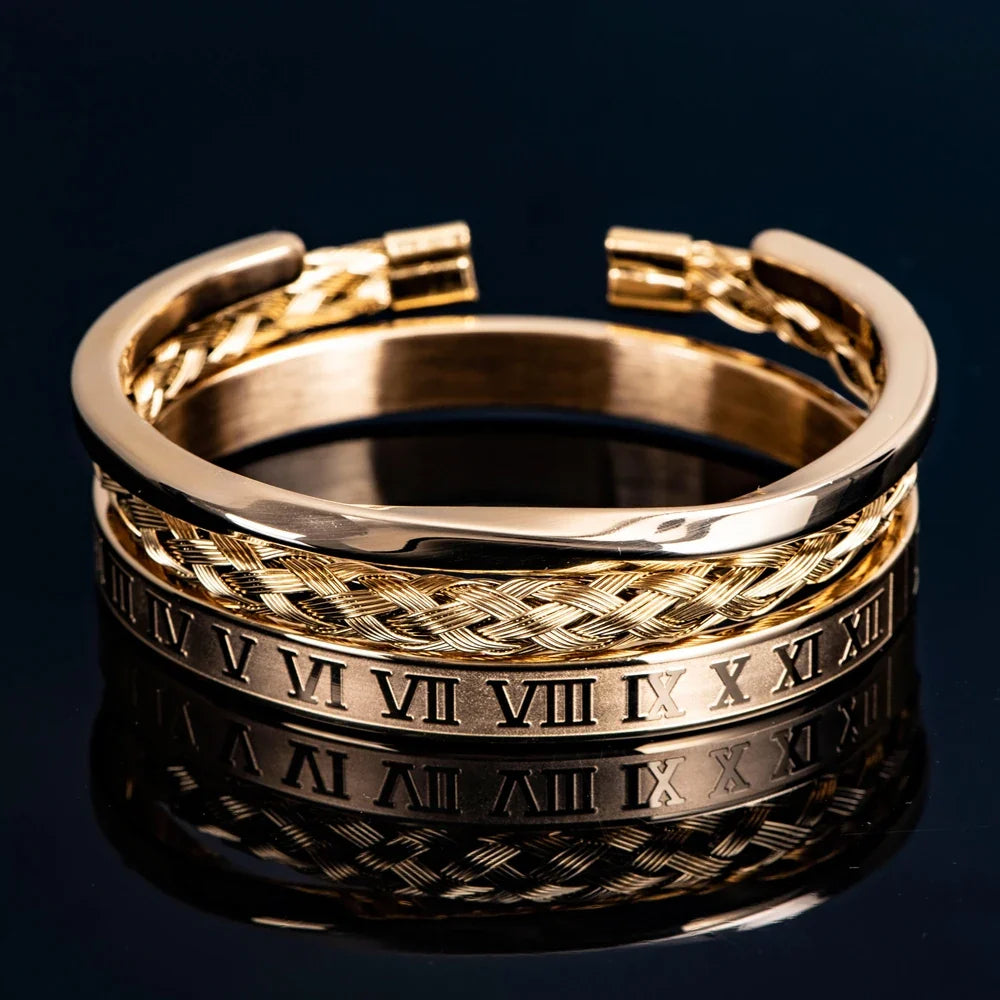 Roman Steel Triple Stack Bracelet Set