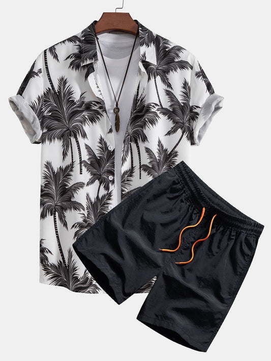 Shirt and Swim Shorts Set with Palm Print - 100% Polyester, Regular Fit Casual Summer Outfit