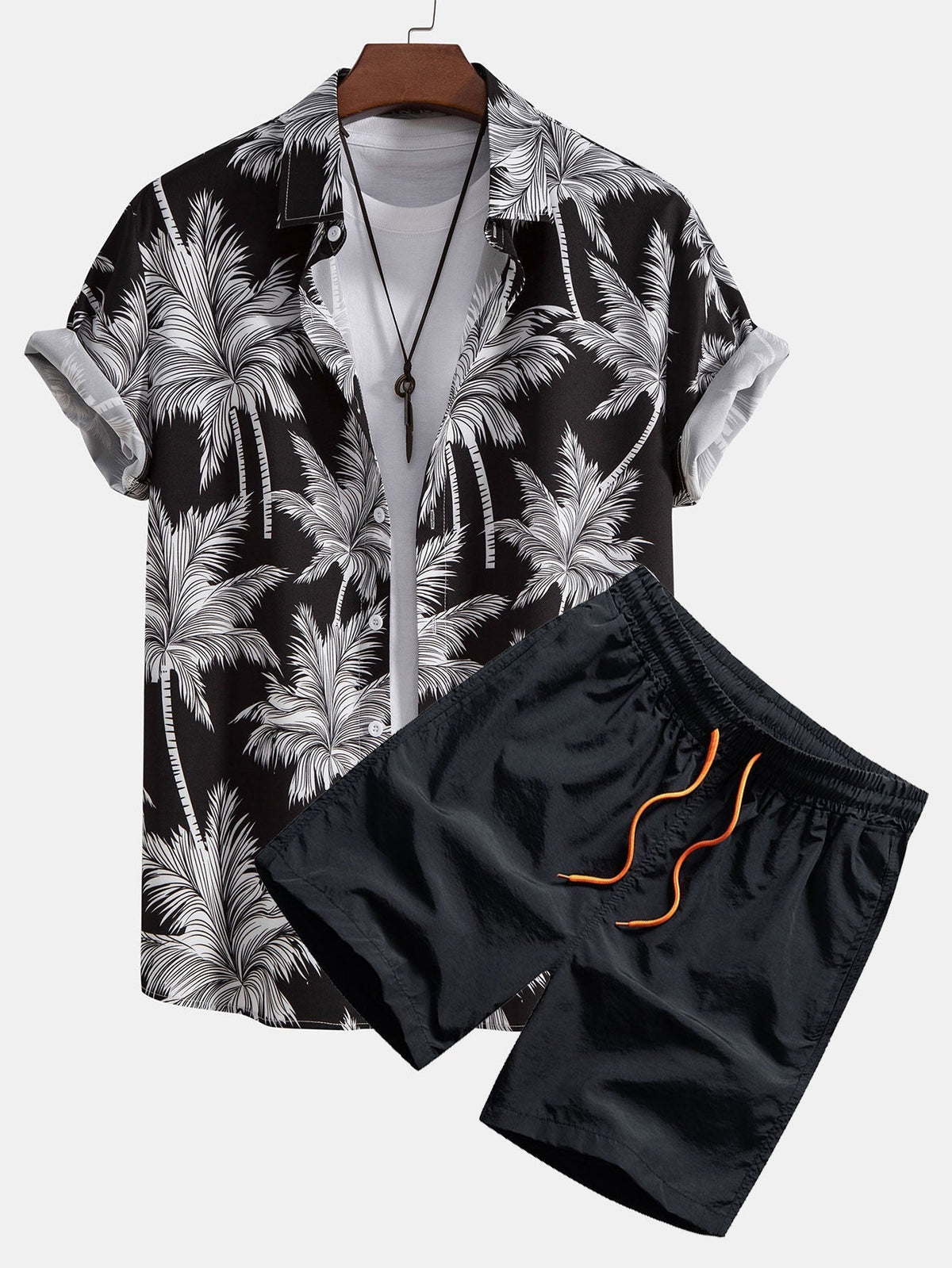 Shirt and Swim Shorts Set with Palm Print - 100% Polyester, Regular Fit Casual Summer Outfit