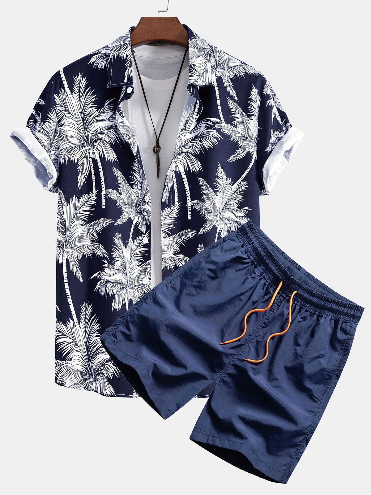 Shirt and Swim Shorts Set with Palm Print - 100% Polyester, Regular Fit Casual Summer Outfit