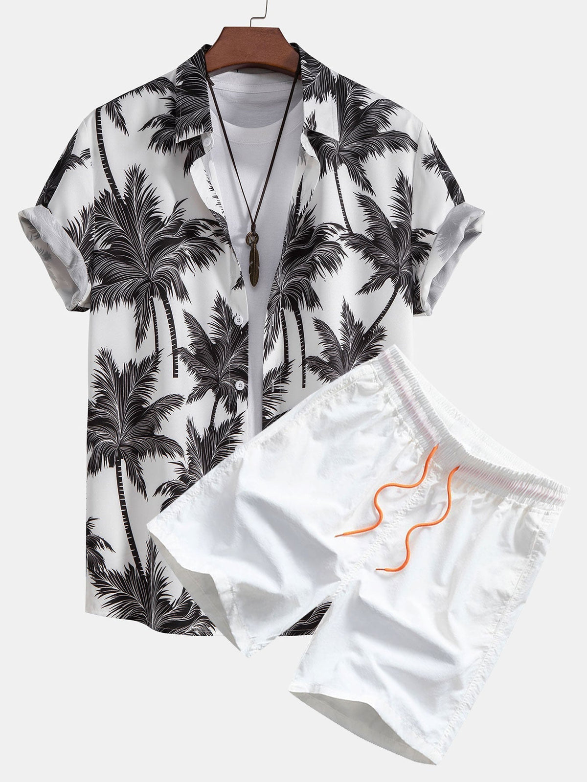 Shirt and Swim Shorts Set with Palm Print - 100% Polyester, Regular Fit Casual Summer Outfit