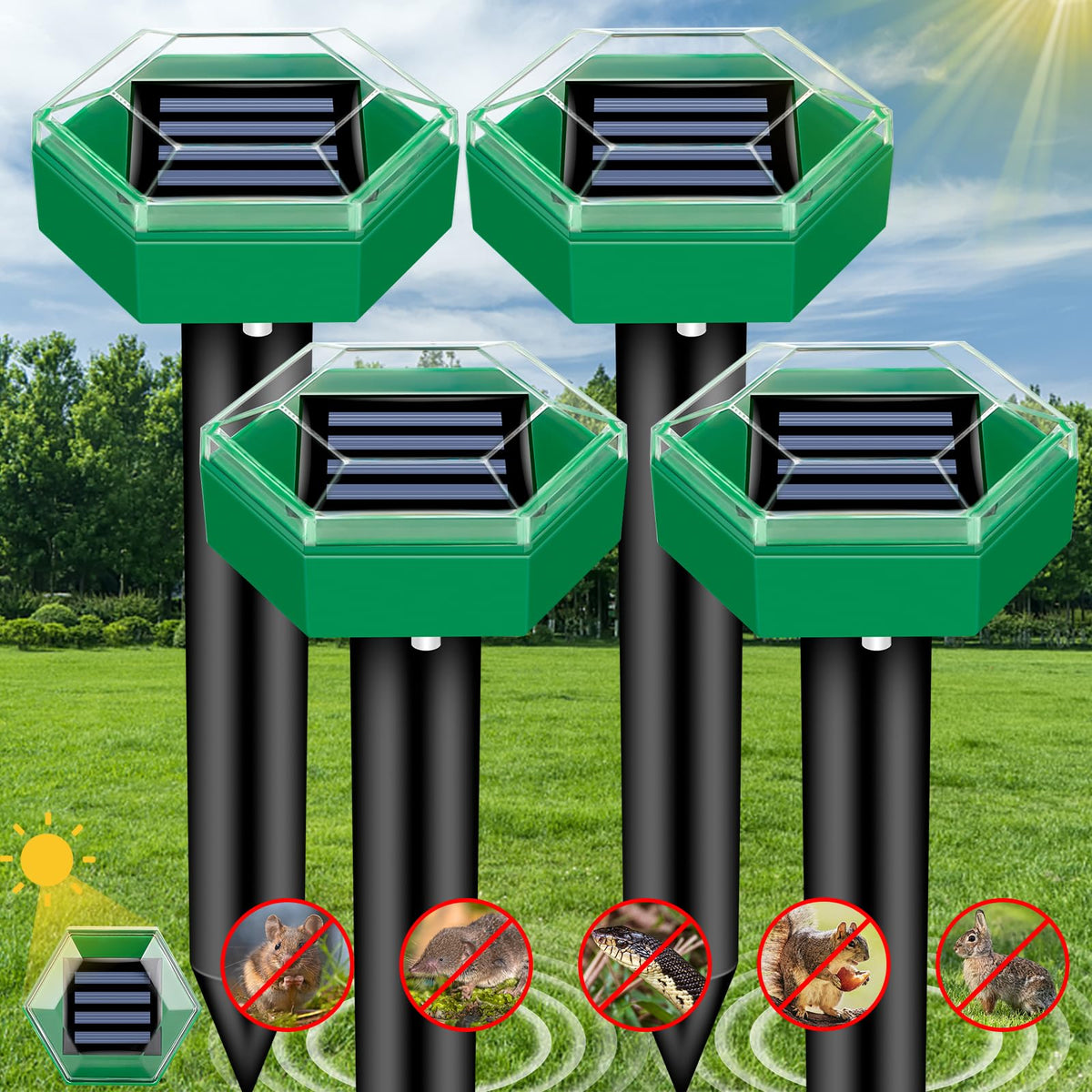 Solar Ultrasonic Mole Repeller Pack of 4, IP65 Waterproof with 465 m² Coverage Each