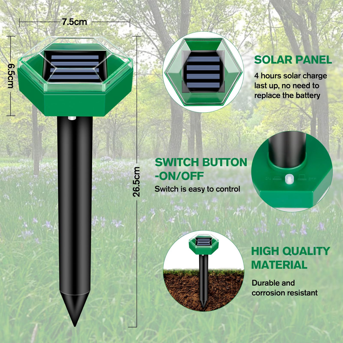 Solar Ultrasonic Mole Repeller Pack of 4, IP65 Waterproof with 465 m² Coverage Each