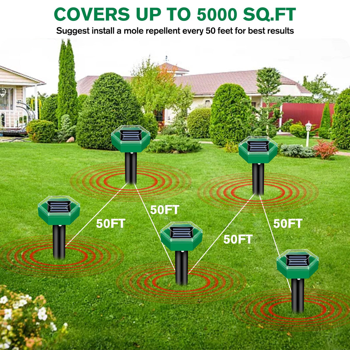Solar Ultrasonic Mole Repeller Pack of 4, IP65 Waterproof with 465 m² Coverage Each