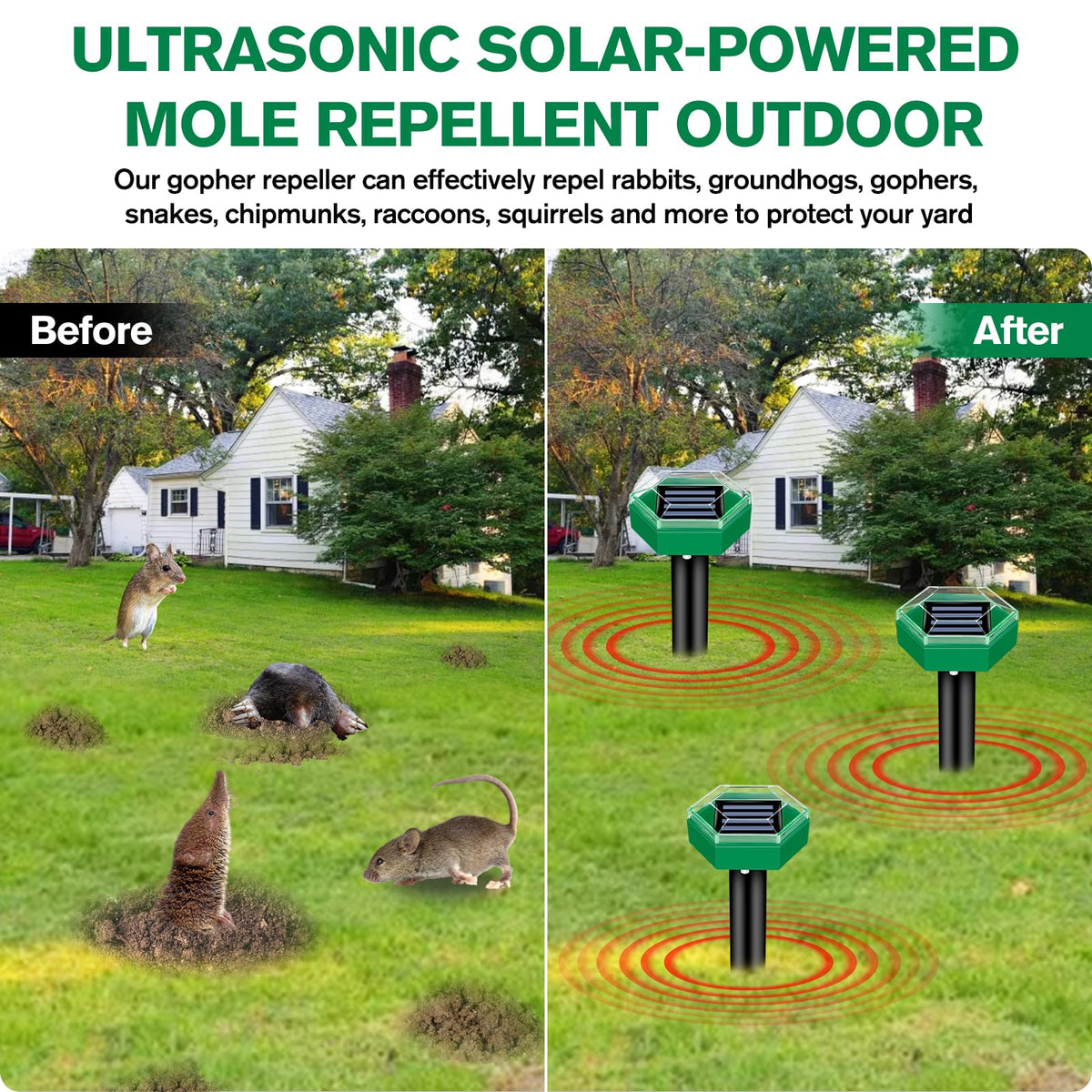 Solar Ultrasonic Mole Repeller Pack of 4, IP65 Waterproof with 465 m² Coverage Each