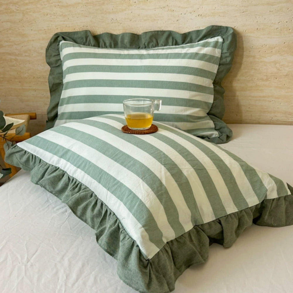 Striped Ruffled Lace Pillowcases in Multiple Colors
