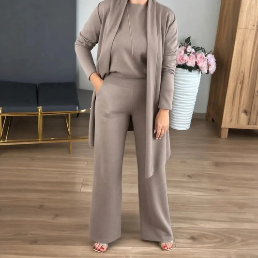 Three-Piece Matching Set with Wide-Leg Pants and Open Cardigan