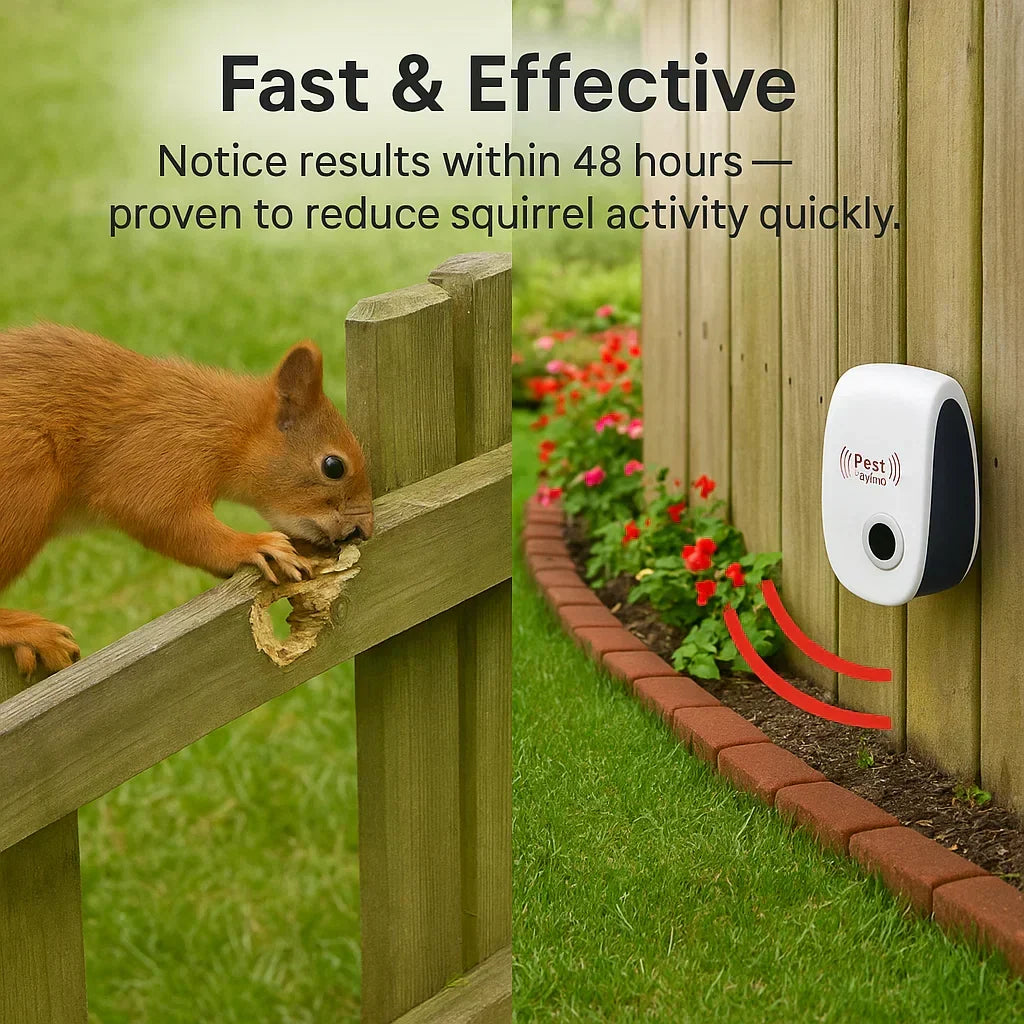 Ultrasonic Squirrel Repeller Device - Pest Control to Deter Squirrels in 48 Hours for Gardens & Yards