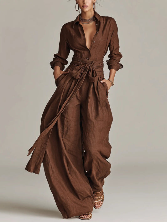 Women's Belted Linen Long-Sleeve Shirt Collar Jumpsuit