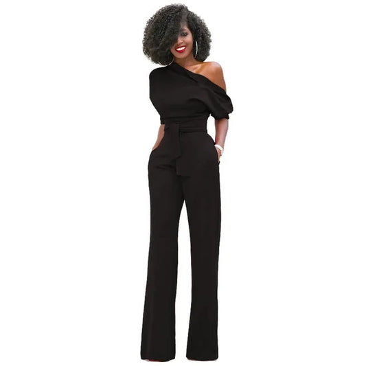 Women's Belted One-Shoulder Wide-Leg Jumpsuit