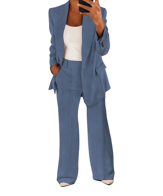 Women's Casual Set with Modern Polyester Blazer and Wide-Leg Trousers