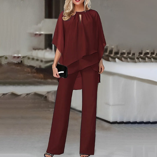 Women's Chiffon Layered Top and Wide-Leg Pants Two-Piece Set