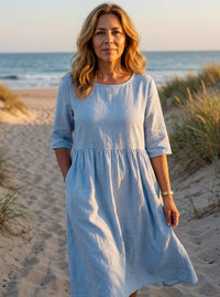 Women's Elegant Round Neck Half-Sleeve Linen Midi Dress