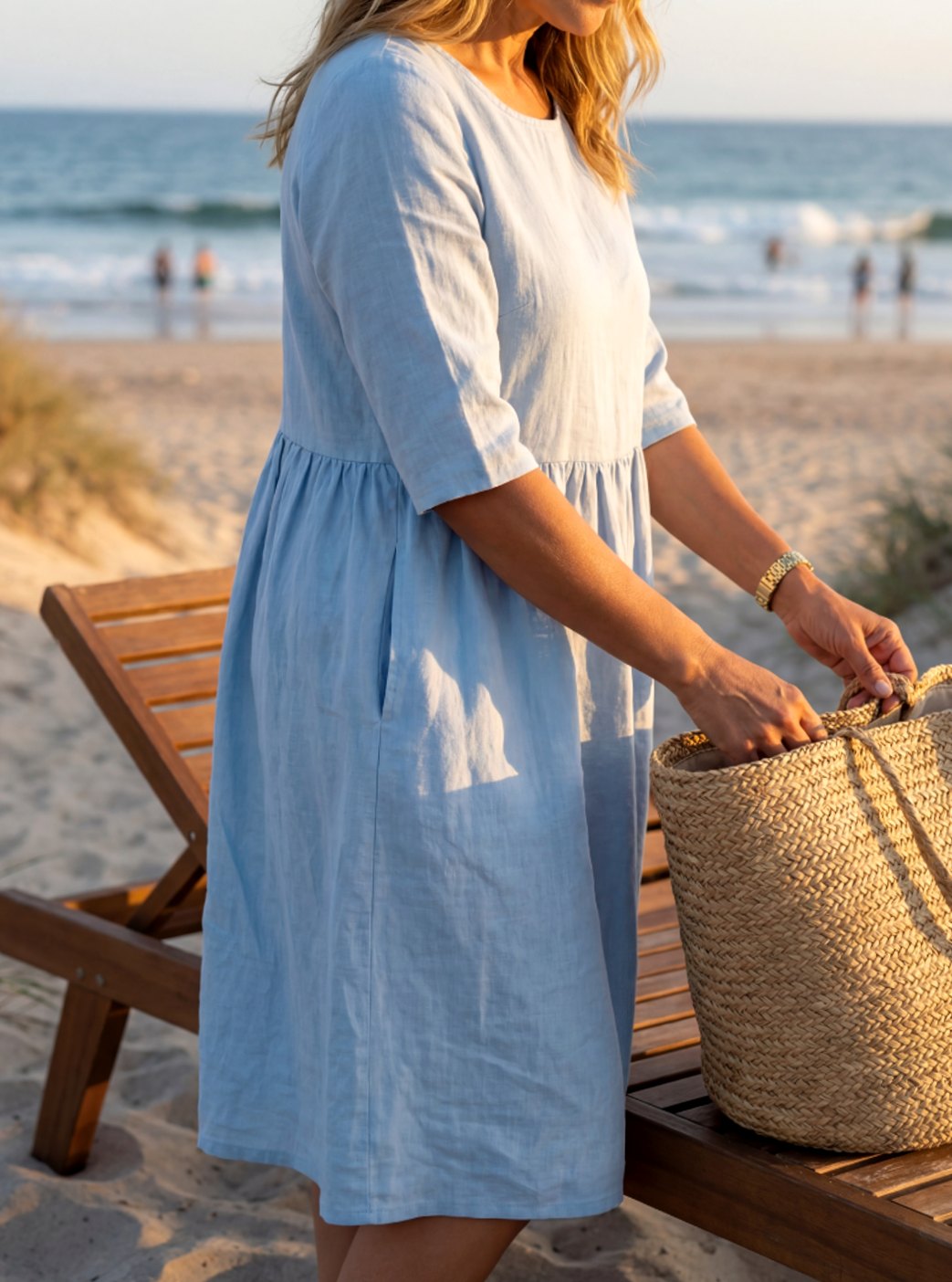 Women's Elegant Round Neck Half-Sleeve Linen Midi Dress