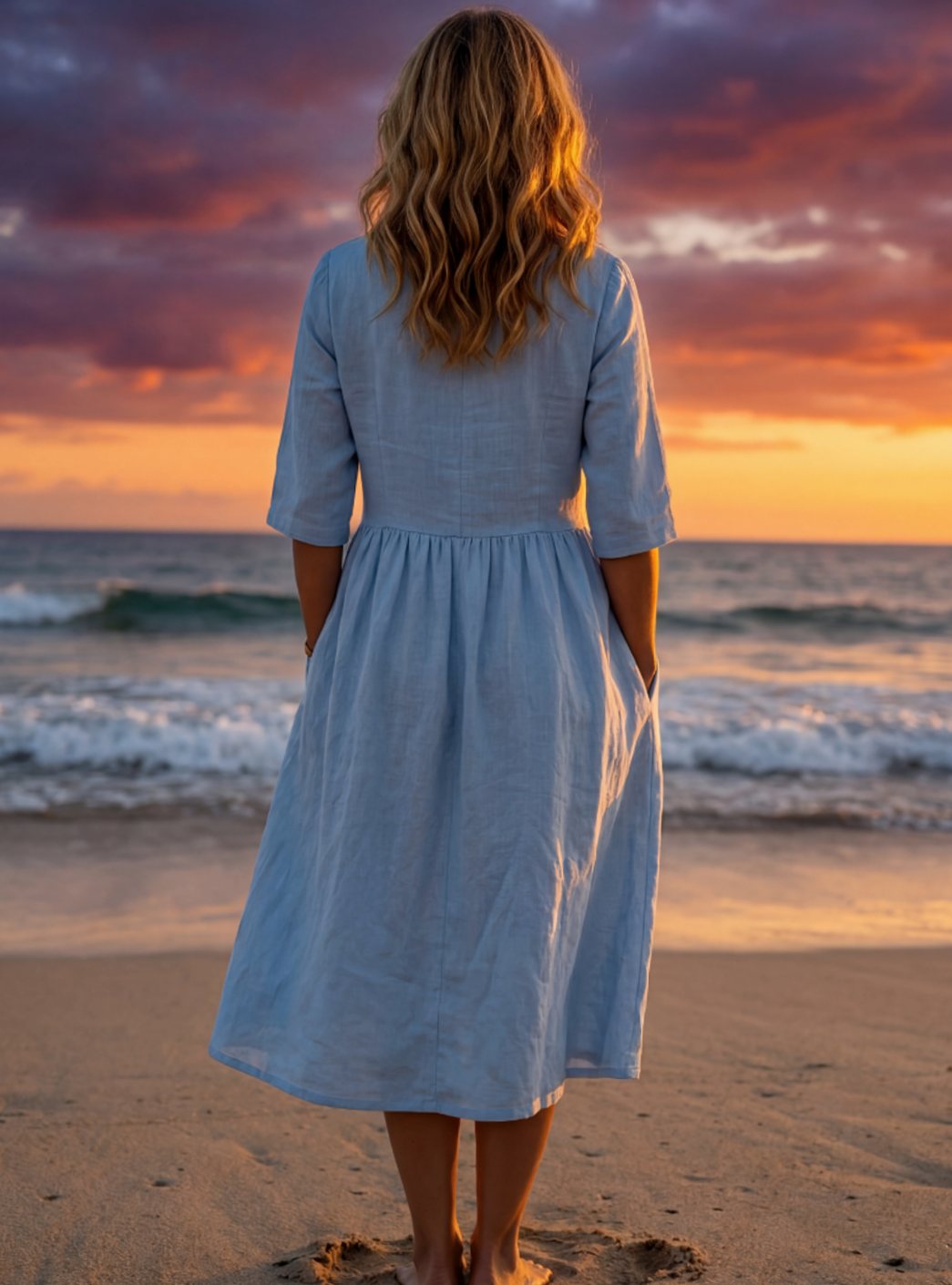 Women's Elegant Round Neck Half-Sleeve Linen Midi Dress