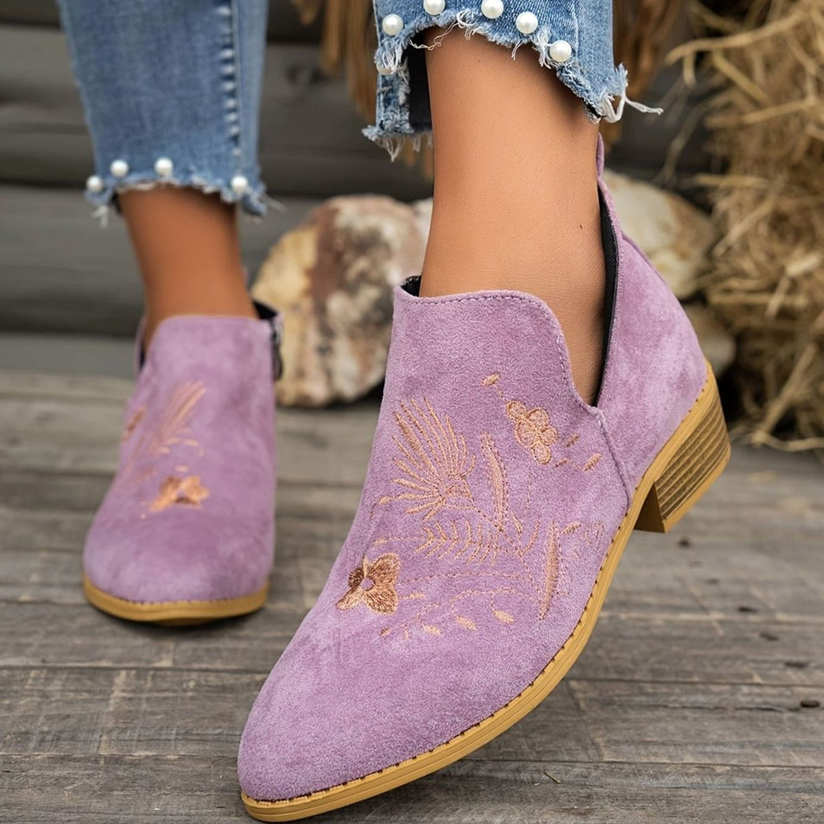 Women's Embroidered Low-Heel Pointed-Toe Ankle Boots