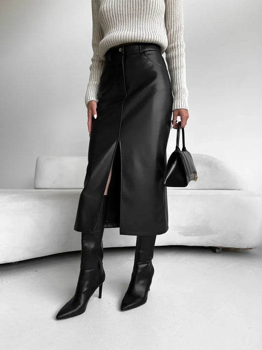 Women's Faux Leather Midi Skirt | Elegant Leather-Look Skirt with High Slit