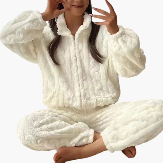 Women's Fleece Pajama Set with Zip Top and Long Pants