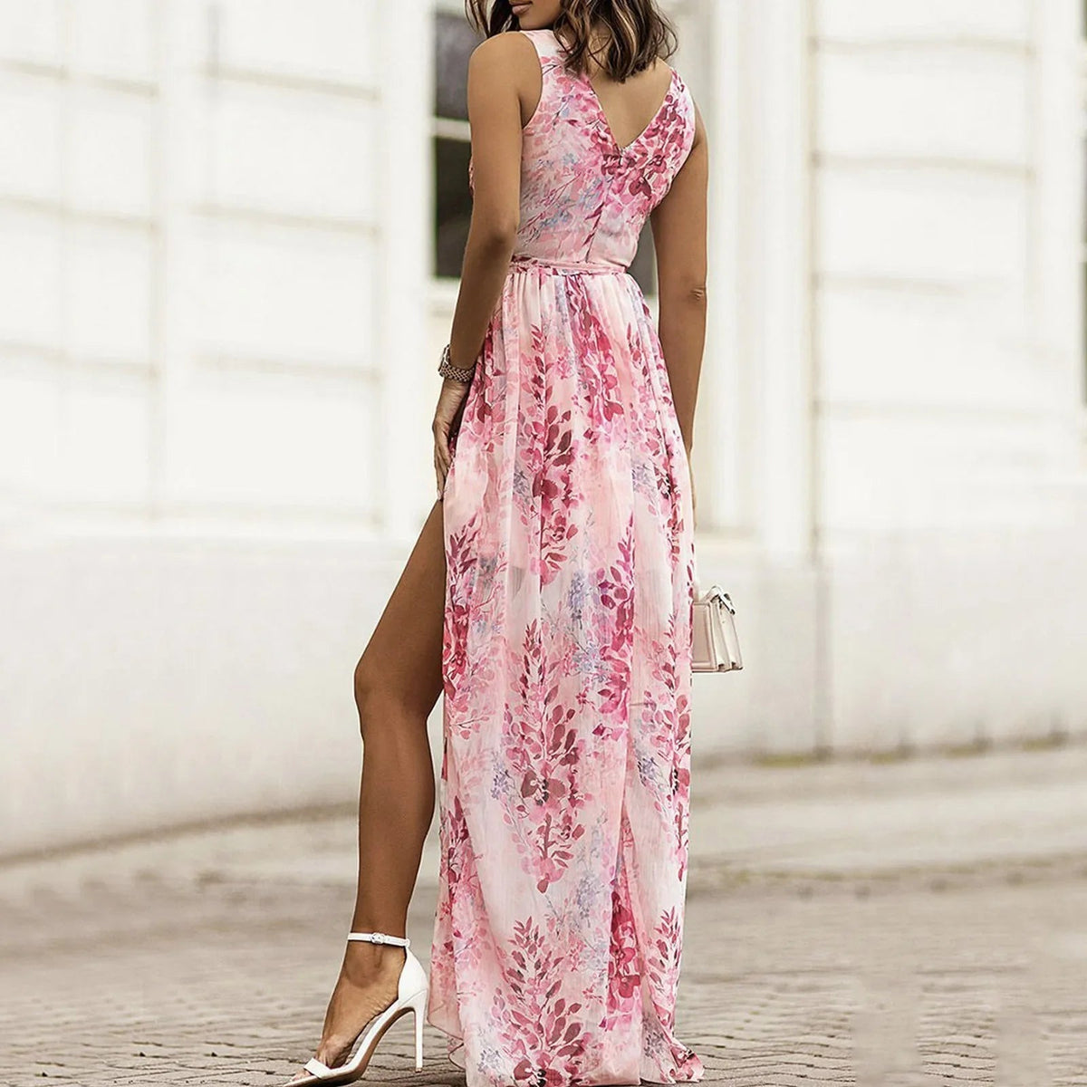 Women's Floral Print V-Neck Wrap Maxi Dress