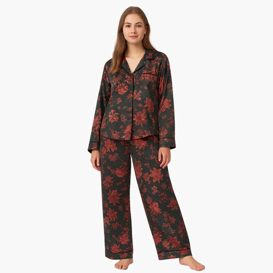 Women's Floral Pyjama Set with Shirt and Trousers