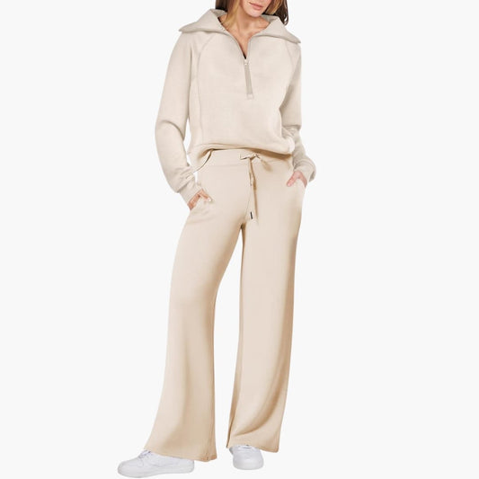 Women's Half-Zip Lounge Set with Wide-Leg Pants