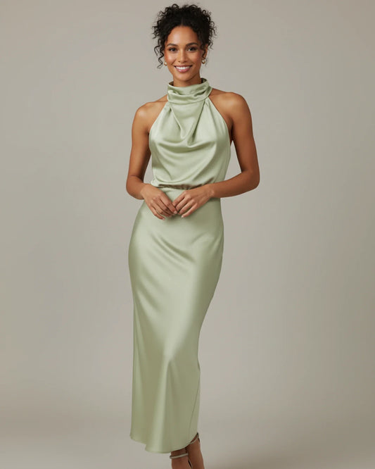 Women's Halter Cowl Neck Slip Midi Dress