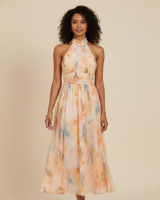 Women's Halter Neck Floral Print A-Line Midi Dress