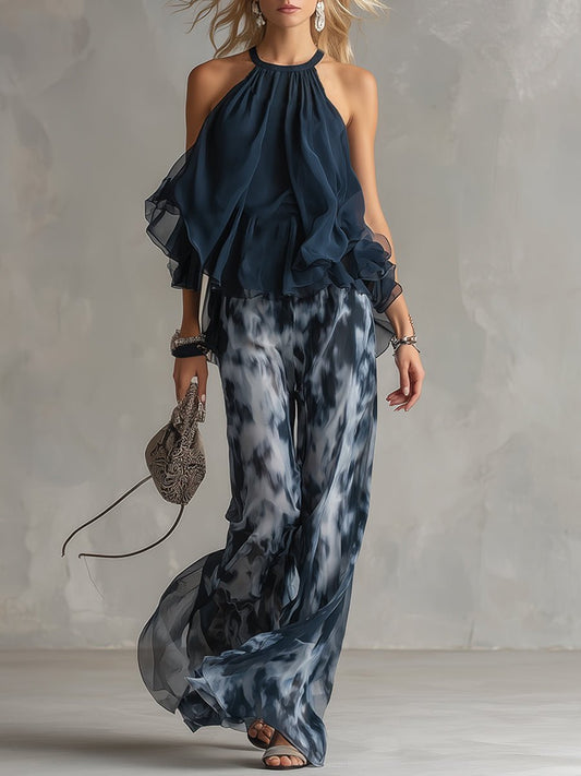 Women's Halter Neck Ruffle Blouse & Wide-Leg Trousers Two-Piece Set