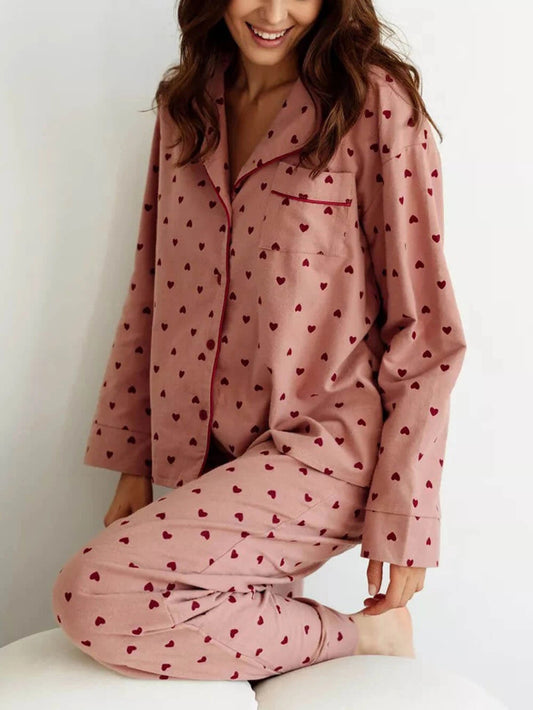 Women's Heart Print Pyjama Set – Piping & Classic Cut