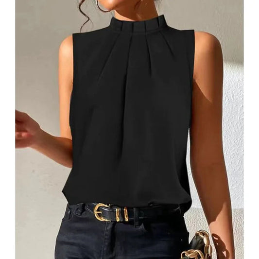 Women's High Neck Blouse with Sheer Striped Sleeves