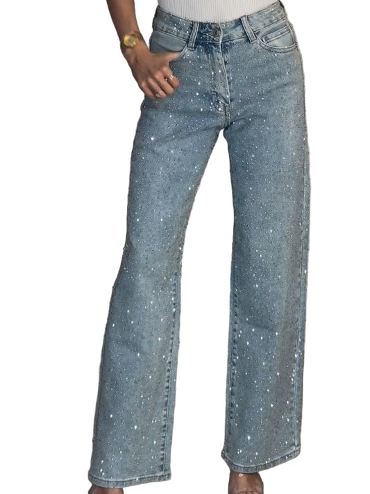 Women's High-Waisted Jeans with Glitter Details