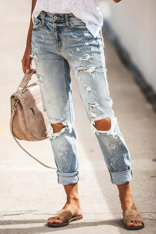 Women's High-Waisted Straight-Leg Ripped Jeans