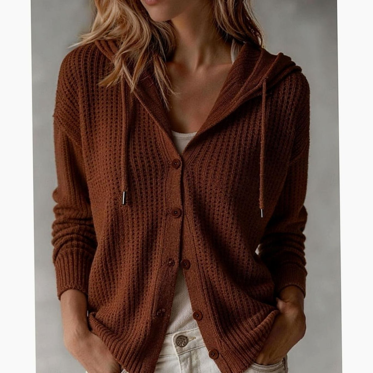 Women's Hooded Button-Front Waffle-Knit Cardigan
