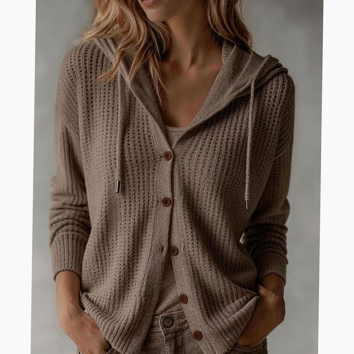 Women's Hooded Button-Front Waffle-Knit Cardigan